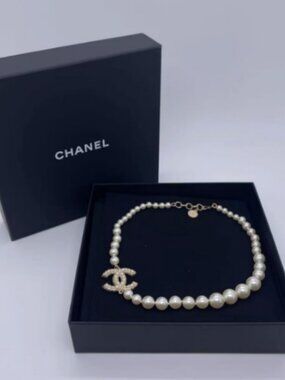 Chanel CC Logo Crystal Pearl Choker Necklace